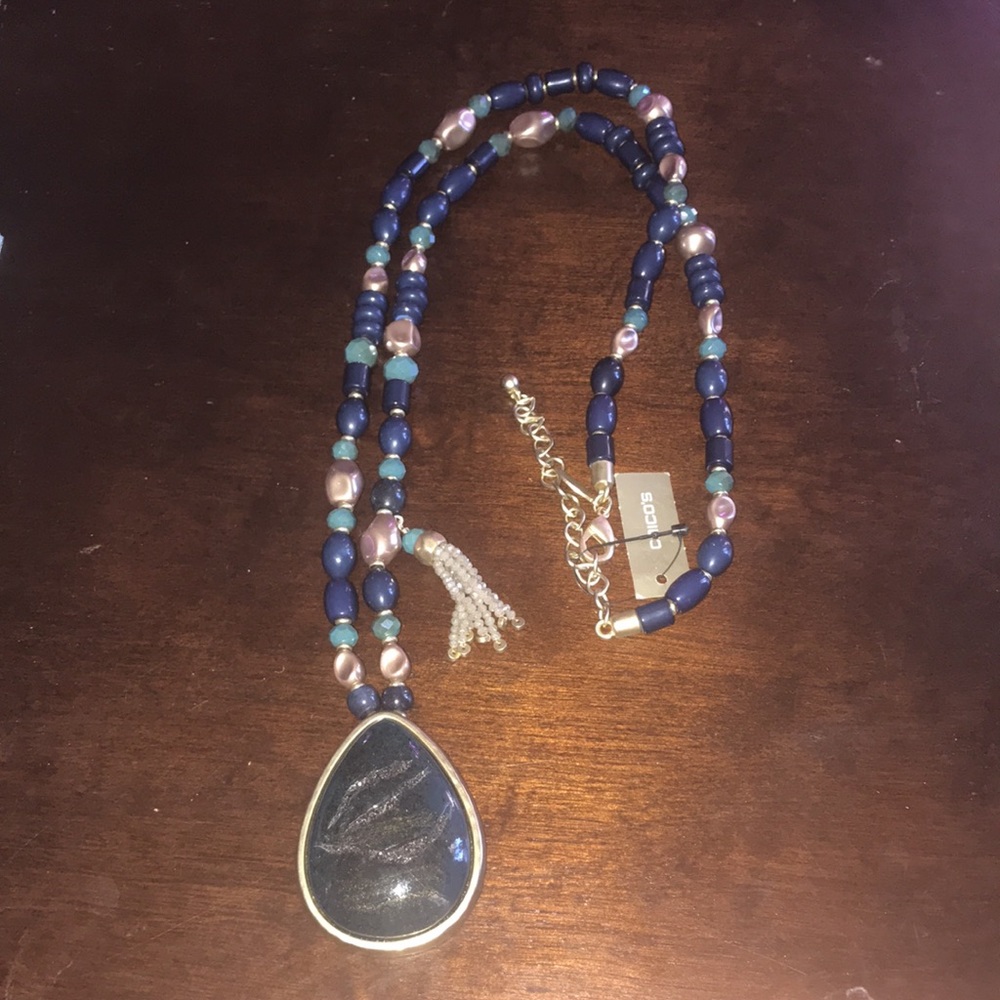 Chico’s Blue Beaded Long Necklace with Teardrop Vicki Pendant NWT
